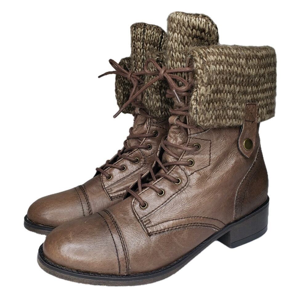 Steve Madden Fawn Brown Leather Combat Boots Sz 9 M Fold Over Knitt Lace Up
